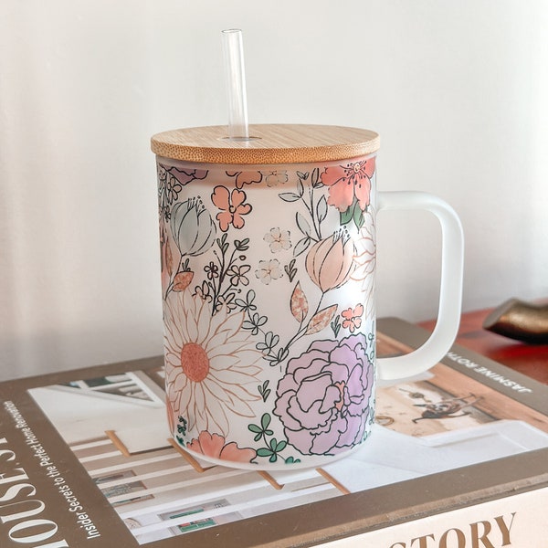 tasse à café en verre avec fleurs vintage avec couvercle cadeaux pour la fête des mères cadeaux pour elle tasse florale d'automne tasse à café de 15 oz