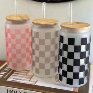 Checkered  Glass Tumbler 16oz Boho vibes Tumbler Retro Tumbler Gift for Best friend Coffee Tumbler Vacation tumbler Boho Groovy Tumbler
