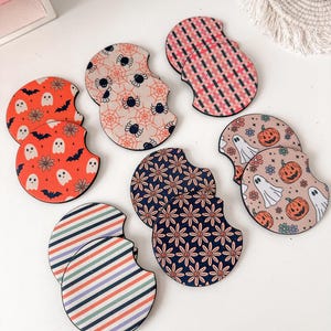 Halloween Car Coasters set of 2 Accessories Neutral Print boho Checkered Cup Holder Coasters Boho Car Coasters Retro Car Coasters Pumpkin