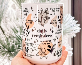 Daily Reminders mug, Mental Health mug ,Daily Affirmations Glass cup, 15oz  Daily affirmations mug , gift for her, best friend tumbler