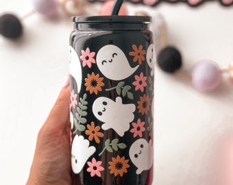 Halloween Ghost Coffee Glass Cup Halloween Iced Coffee Glass Cup Daisy and Ghost Tumbler with straw Halloween Gift for her Best friend Gift