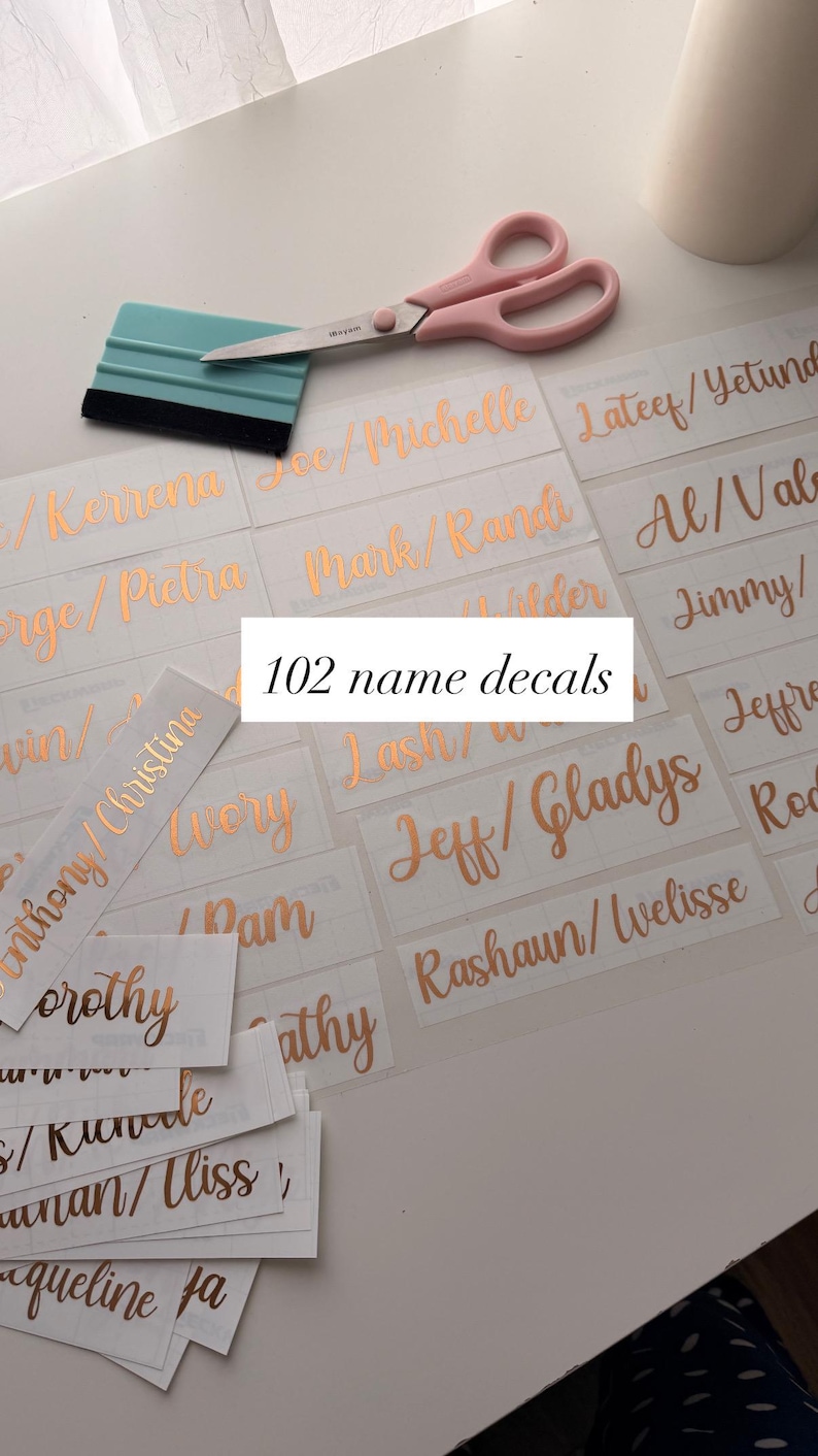 May include: A collection of white rectangular name decals featuring copper-coloured cursive text, accompanied by a light blue plastic squeegee tool and pink-handled scissors. The text 102 name decals is centred in the image over the labels.