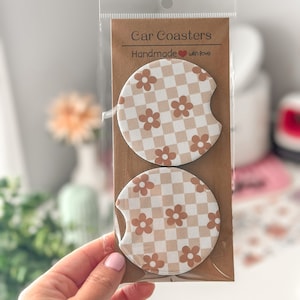 Daisy Checkered Car Coasters set of 2 Accessories Neutral Print boho Checkered Cup Holder Coasters Boho Car Coasters Retro Car Coasters
