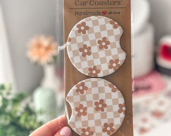 Daisy Checkered Car Coasters set of 2 Accessories Neutral Print boho Checkered Cup Holder Coasters Boho Car Coasters Retro Car Coasters