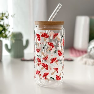 Cottagecore Iced coffee Glass Cup 16oz Libbey glass cup Mushroom Tumbler Gift for her Best friend Gift Boho Tumbler Mushroom and cottagecore