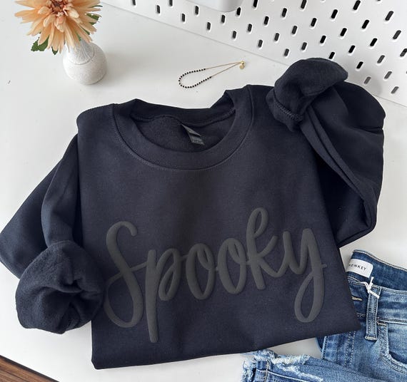 Halloween 3D Puff Sweatshirt Spooky Sweatshirt Women's Cozy Black shirt puff print embossed Back  Halloween Crewneck
