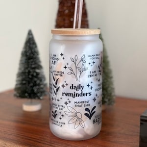 Boho Daily Reminders Glass Tumbler Motivational Drinkware for Positive Vibes Tumbler with Daily Reminders Positive Affirmation Glass Tumbler