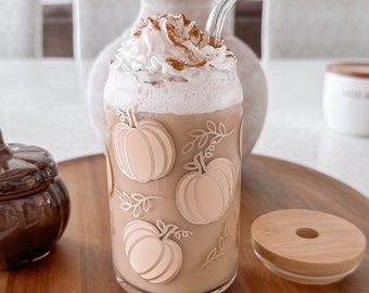 Pastel Pumpkins Beer Can Glass, Fall Beer Can Glass, Pumpkin Spice Glass Cup, Fall Pumpkin Iced Coffee Cup, Fall Aesthetic Coffee Glass