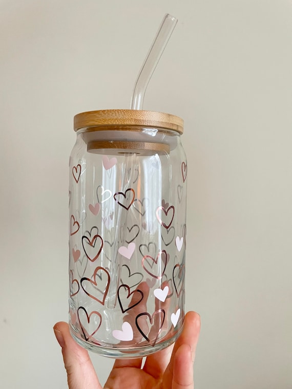 Valentine’s Day heart cups, Confetti hearts cups, Soda glass can, Beer glass cup, Valentine’s Day gifts, Minimalist cups,  Iced Coffee Glass