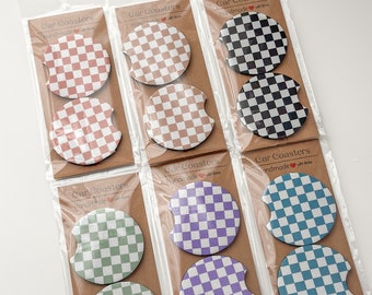 Checkered Car Coasters set of 2 Accessories Neutral Print boho Checkered Cup Holder Coasters Boho Car Coasters Retro Car Coasters