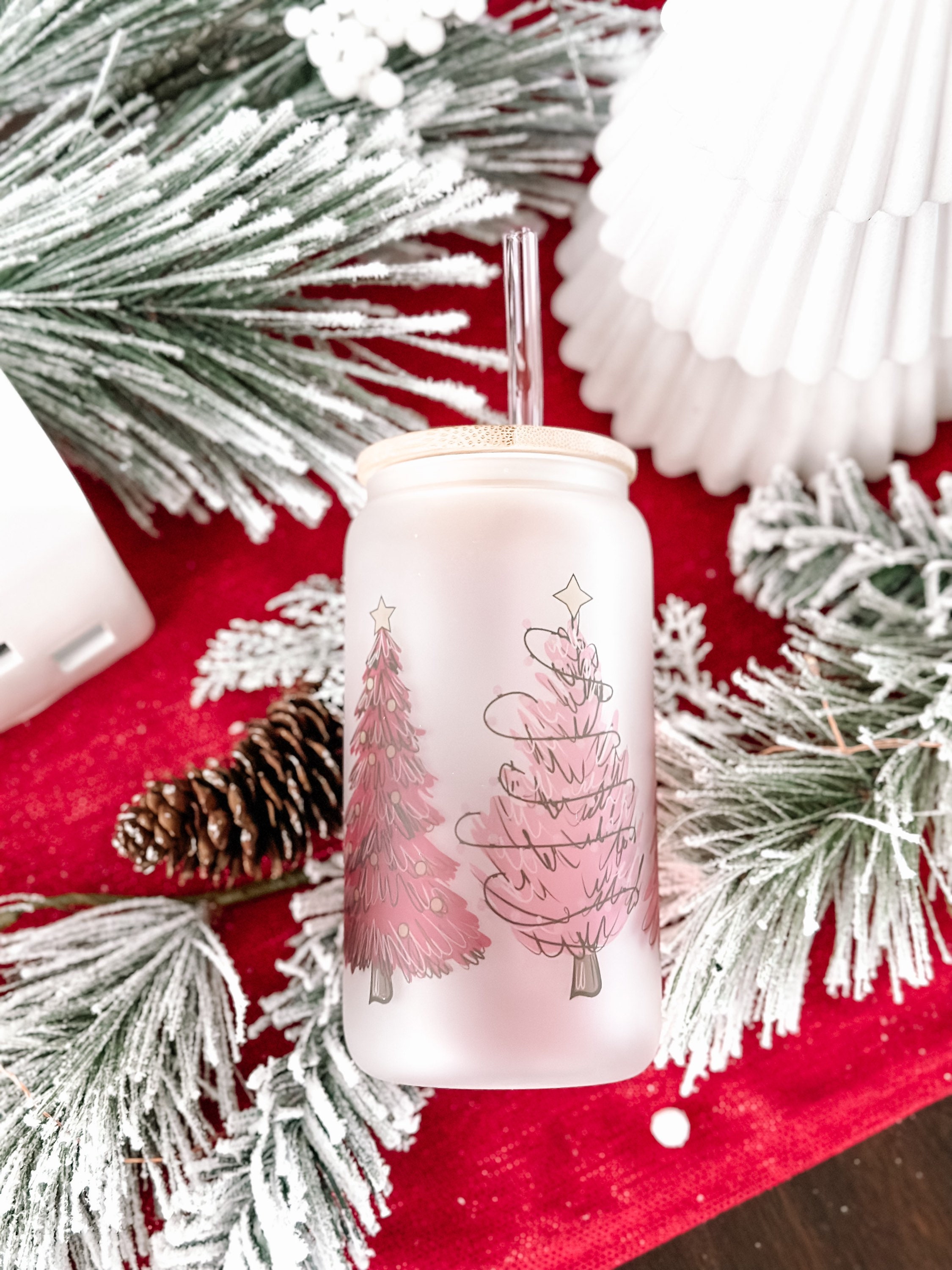 Preppy Winter Pink Christmas Tree Glass Cup, Beer Glass, Coffee Cup, Libbey  Glass, Glass Tumbler, Drinking Glass 
