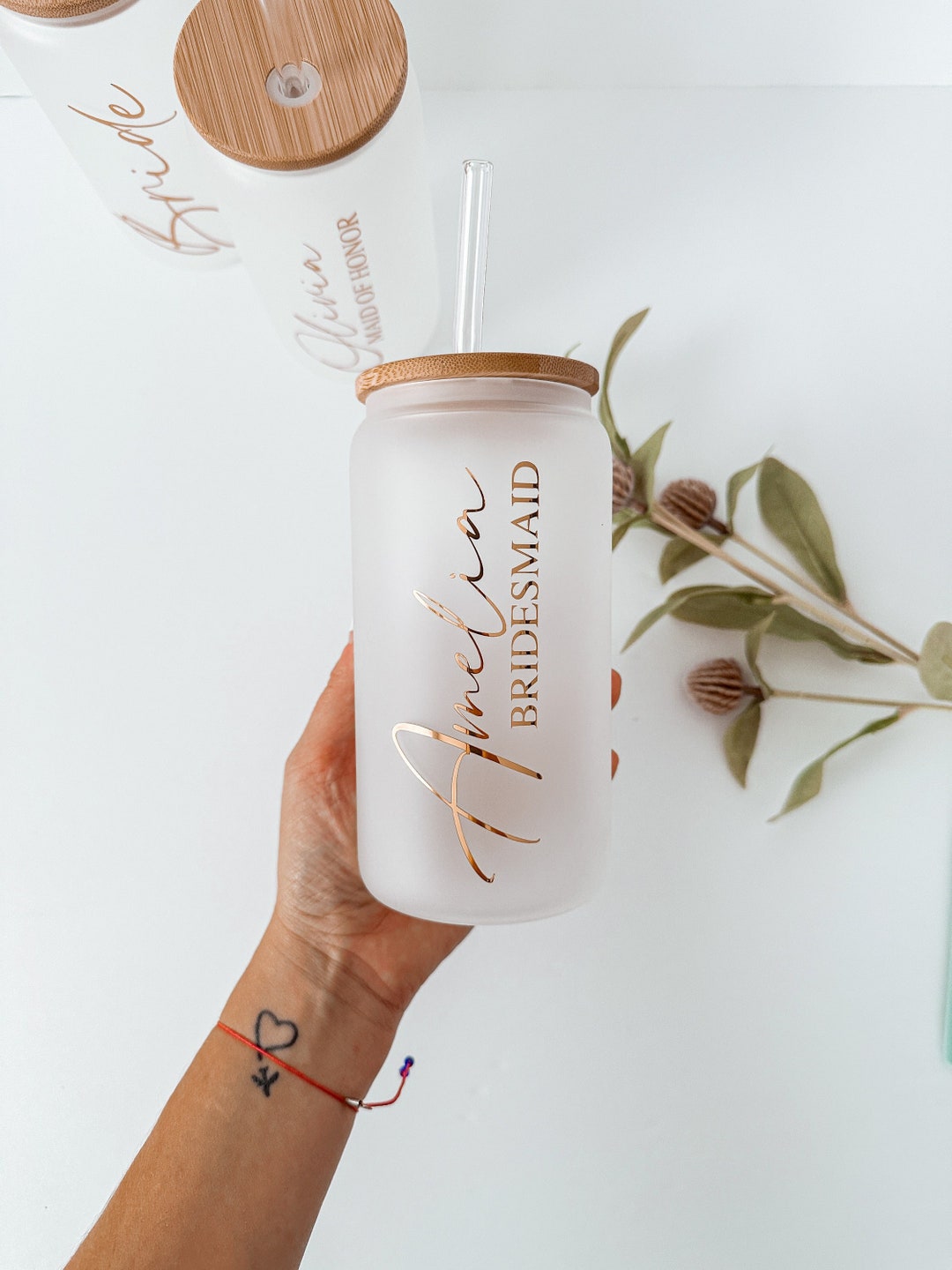 Personalized Boho Glass Can cup, Sublimation Frosted Glass Tumbler, Gifts  for her, Bridal Party Gift, Birthday gift