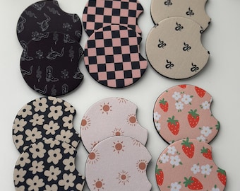 Car Coasters set of 2  Neutral Print boho Checkered Cup Holder Coasters Western Car Accessories Trendy Car Coaster floral stocking stuffer