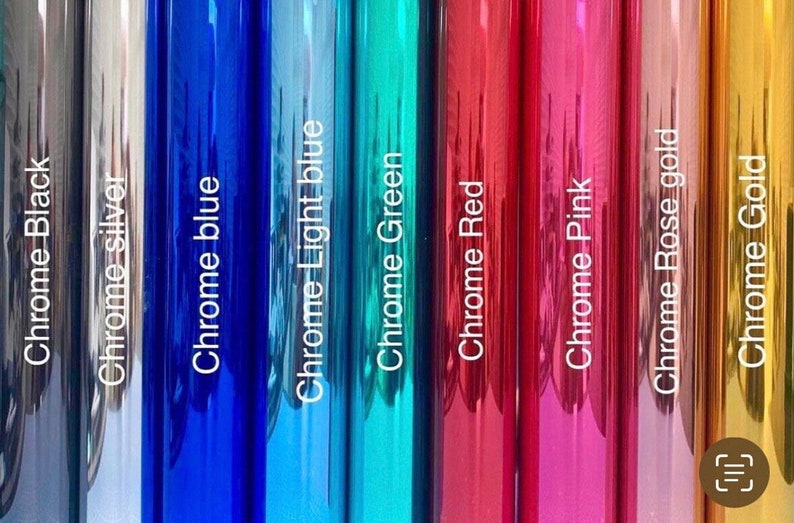 May include: A collection of nine vertical strips of metallic chrome foil in various colours, including black, silver, blue, light blue, green, red, pink, rose gold, and gold. Each strip is labelled with its corresponding colour name in white text.
