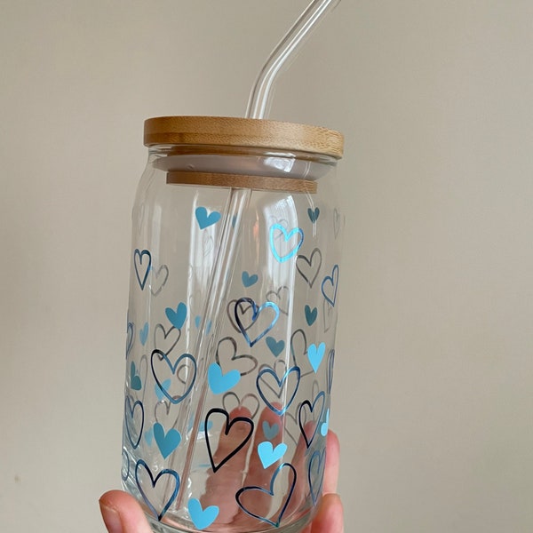 Valentine’s Day Beer can,Soda glass can,Confetti hearts cup,Iced coffee glass cup,Valentines love gifts,minimalist cups,Blue hearts confetti
