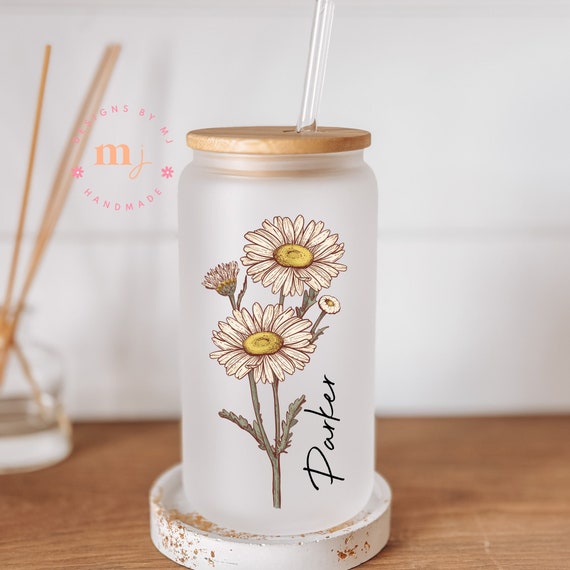 Personalized Wedding Gift for Bride Custom Frosted Glass Cup  with Lids and Straws Birth Flower Glass Tumbler with Name Birthday Gifts  Bridesmaid Proposal Gifts Ice Coffee Cup Bachelorette Party 1