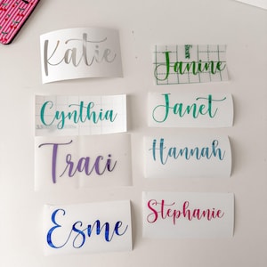 May include: A collection of eight custom vinyl name decals in various colours and script fonts, including the names Katie, Janine, Cynthia, Janet, Traci, Hannah, Esme, and Stephanie, arranged on a white surface with a cherry-patterned keychain.