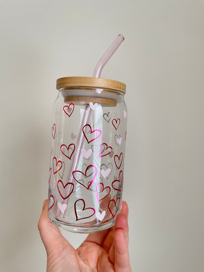 Valentine’s Day Beer can, Soda glass can, Confetti hearts cup, Iced coffee glass cup, Valentines love gifts image 1