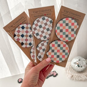 Checkered Car Coasters set of 2 Accessories Neutral Print boho Checkered Cup Holder Coasters Boho Car Coasters Retro Car Coasters