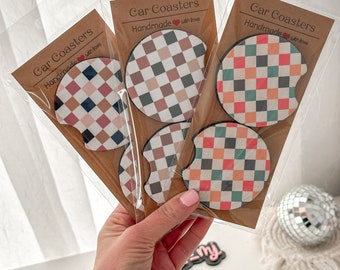 Checkered Car Coasters set of 2 Accessories Neutral Print boho Checkered Cup Holder Coasters Boho Car Coasters Retro Car Coasters