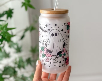 Retro Halloween-spookkoffiekop voor Halloween-liefhebbers leuke bloemen Retro spook spookachtige glazen beker voor Ijskoffie Grappige Halloween-beker