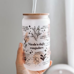 Nom personnalisé Rappels quotidiens Gobelet en verre Gobelet santé mentale Affirmations quotidiennes Tasse en verre 16 oz gobelet Affirmations cadeaux meilleurs amis