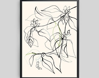 May include: A black and white line drawing of a plant with green leaves and blue flowers. The drawing is on a cream background and framed in black.