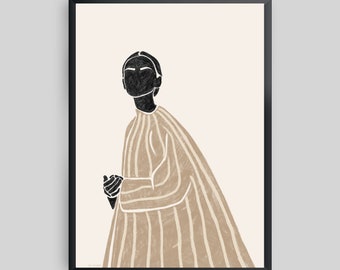 May include: A black and white illustration of a person wearing a beige striped dress. The person is looking up and has their hands clasped in front of them.