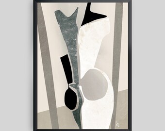 May include: Abstract art print with a white, gray, and black color scheme. The print features geometric shapes and lines.