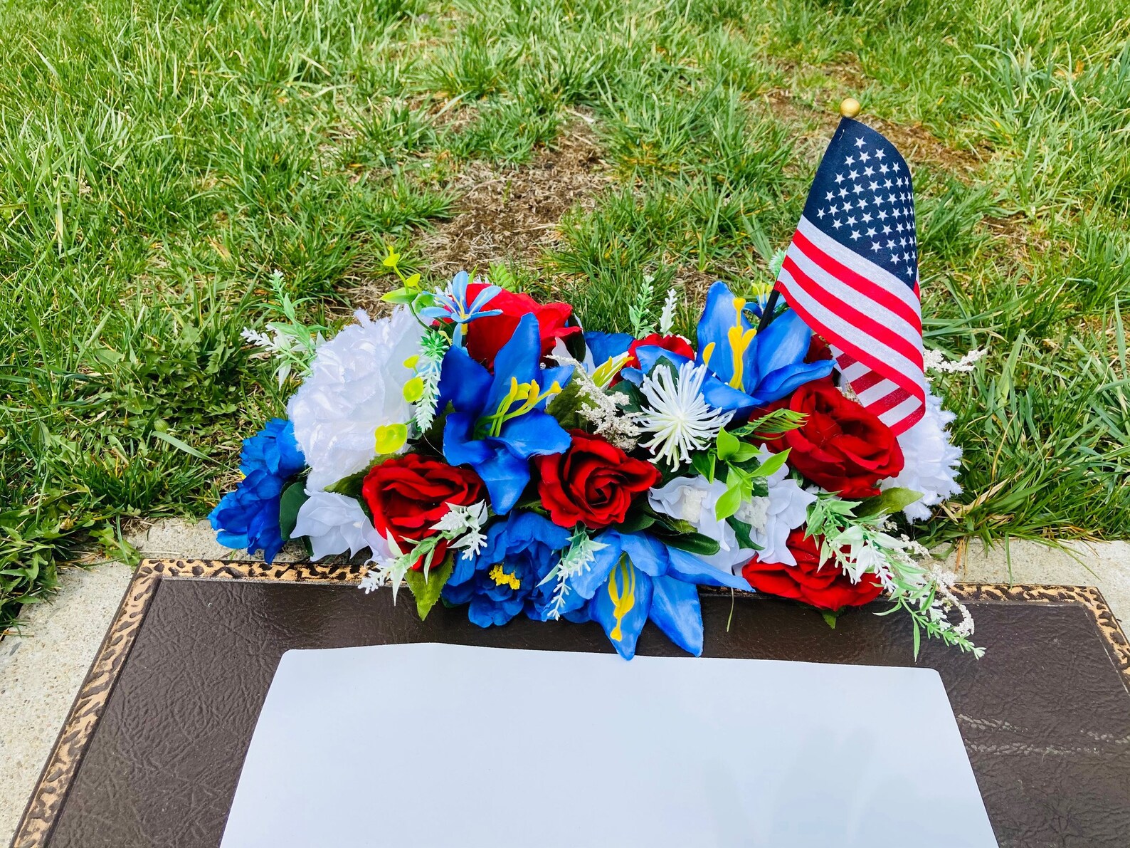 Grave marker flowers with flag for cemetery Etsy