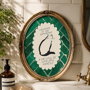 Funny Cat Bathroom Wall Art, Sage Green Welcome To The Bathroom Sign, Quirky Bathroom Decor, Cat Lover Gift, Physical Print
