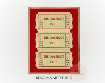 Impressão do The Homebody Club, decoração de ingressos da moda, arte com citações fofas, arte de parede estética para apartamento, arte de parede vermelha, decoração de dormitório, download digital