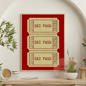 May include: Three vintage-style ski pass tickets with the text "SKI PASS" and the number "552142" printed on a red background.