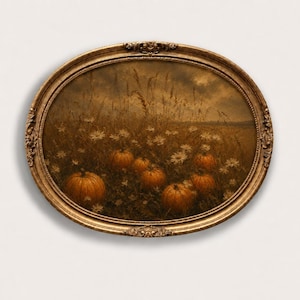 Vintage-Wandbild mit Kürbisfeld, Herbstlandschaftsdruck, rustikale Bauernhausdeko, stimmungsvolles Herbstgemälde, Cottagecore-Wandbild, Thanksgiving