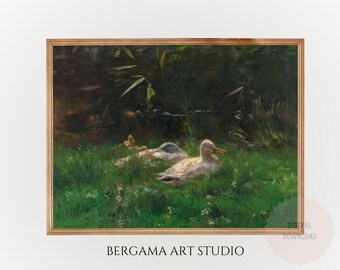 Vintage Duck Family Oil Painting: Rustic Cottagecore Easter Print (Digital Download)