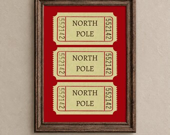 Vintage North Pole Ticket Christmas Print, Rustic Holiday Decor (Digital Print)