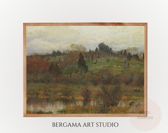 Vintage Fall Forest Landscape Print, Antique Moody Autumn Painting, Rustic Warm Tone Farmhouse Decor, Moody Cottagecore Printable Wall Art