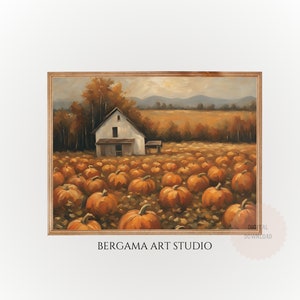 Pumpkin Field Vintage Style Painting Wall Art, Vintage Autumn Landscape Painting, Cottage Fall Decor, Rustic Fall Decor,Autumn Decor,DIGITAL