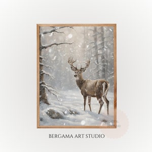 Vintage Deer Winter Print, Antique Christmas Oil Painting, Snowy Forest Reindeer Wall Art, Moody Winter Rustic Farmhouse Christmas Decor