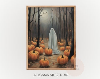 Moody Ghost Painting Autumn Landscape, Vintage Style Wall Art Halloween Decor, Spooky Fall Art, Cottage Halloween Decor, Haunting Ghost