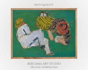 Vintage Naive Folk Art Couple Painting, European Cottagecore Print (Digital Download)