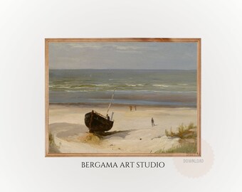 Vintage Beach Oil Painting: Coastal Landscape Art (Digital Printable)