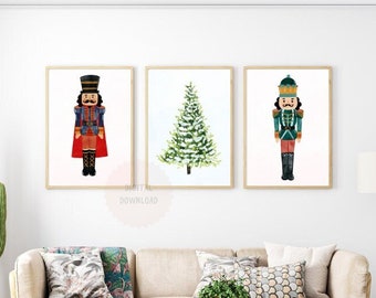 Gallery Set of 3 Vintage Nutcracker Christmas Prints, Christmas Nursery Digital Prints, Pastel Xmas Printable,Traditional Christmas Tree Art