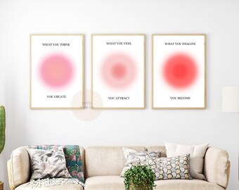 Peut inclure: Trois affiches murales encadrées présentant des formes circulaires en dégradé de rose et de rouge. La première affiche indique WHAT YOU THINK YOU CREATE, la deuxième WHAT YOU FEEL YOU ATTRACT et la troisième WHAT YOU IMAGINE YOU BECOME.