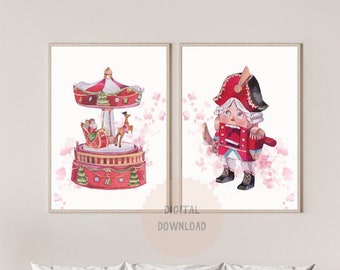 Vintage Gallery Set of 2 Nutcracker Christmas Prints, Christmas Nursery Digital Prints, Pastel Xmas Printable,Traditional Christmas Art,Kids