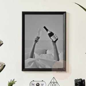 Woman Drinking Wine in Bed Poster Print, Black and White, Feminist Poster, Alcohol Wall Art, Trendy Bar Cart Print, Girl Room Decor,Digital