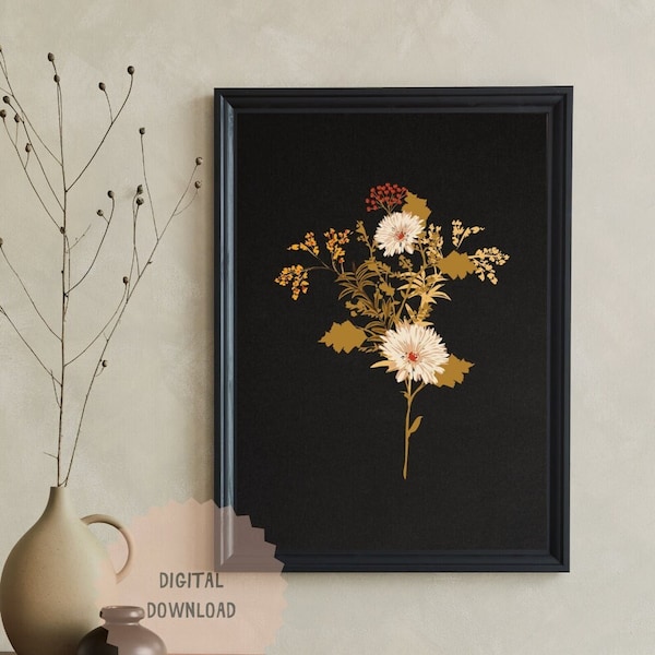 Dark Vintage Botanical Print, Printable Wall Art, Wildflower Print, Moody Black Autumn Wall Decor, Flower Artwork, Digital Prints, Fall Art