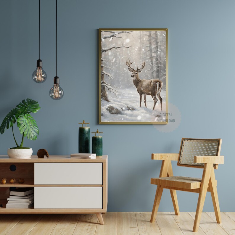Vintage Deer Winter Print, Antique Christmas Oil Painting, Snowy Forest ...