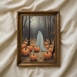 Vintage Halloween Ghost Wall Art, Pumpkin Patch Print, Spooky Forest Decor, Moody Fall Wall Decor, Dark Cottagecore Art Print, Digital