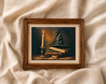 Vintage heksenhoed en magische boekprint, Halloween-muurkunst (digitale download)